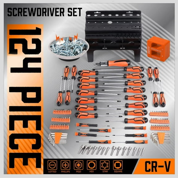 124-Piece Magnetic Screwdriver Set with Plastic Racking, Precision Screwdrivers, Magnetizer, Demagnetizer, Allen Keys, Nut Drivers, Ratchet Handles, Sockets & More - Tools for Men, Tools Gift