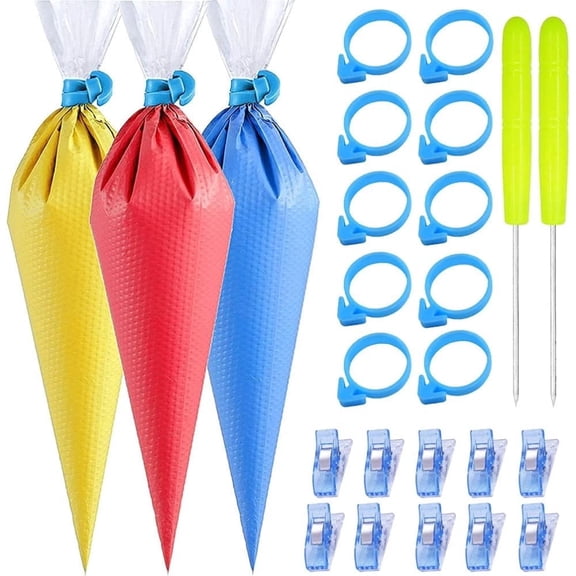 124 Pieces Tipless Piping Bags Set, 100 Disposable Pastry Bags for Royal Icing and Cookie Decorating, Includes 10 Ties, 10 Clips and 4 Scriber Needles, 10 Inch for Cake and Cookie Decorating
