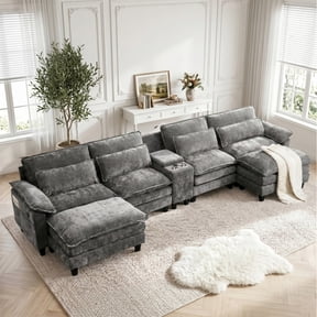AISWORD 157" U Shaped Cloud Couch Sectional, Oversized Modular Sofa with USB Charging, Hidden Storage, Cup Holders & Double Chaise for Living Room, Gray