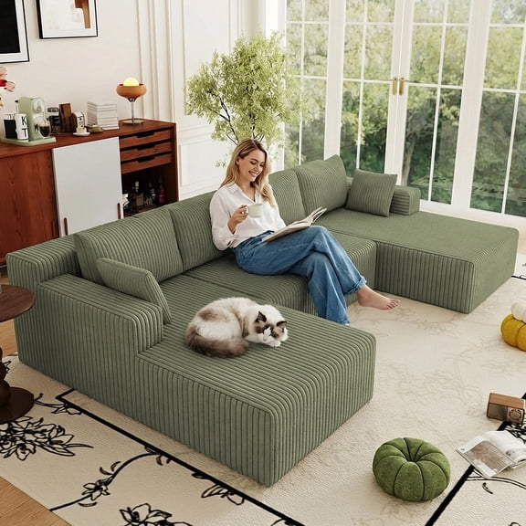 124" U-Shaped Modular Cloud Sectional Sofa, Corduroy Boneless Deep Seat 4-Seater, Memory Foam, No Assembly Required