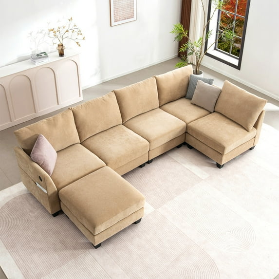 124" U-Shaped Modular Sectional Sofa, Modern L-Shaped Corner Sofa with Storage Ottoman, Built-in USB Charger