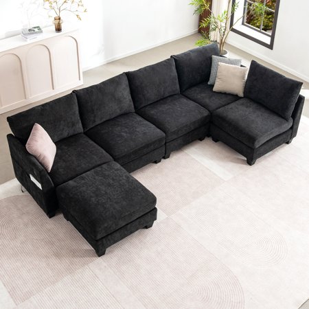 124" U-Shaped Modular Sectional Sofa, Modern L-Shaped Corner Sofa with Storage Ottoman, Built-in USB Charger