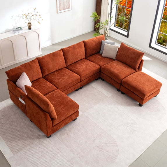 124" U-Shaped Modular Sectional Sofa, Modern L-Shaped Corner Sofa with Storage Ottoman, Built-in USB Charger