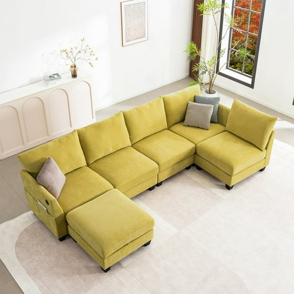 124" U-Shaped Modular Sectional Sofa, Modern L-Shaped Corner Sofa with Storage Ottoman, Built-in USB Charger