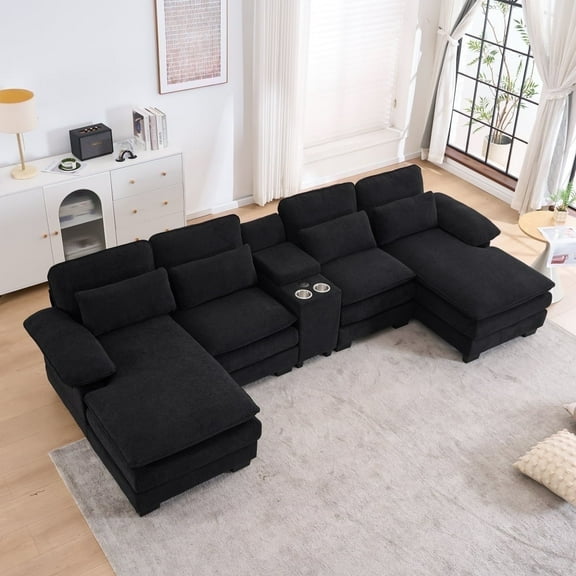 124" U-Shaped Cloud Sectional Sofa with Chenille Fabric, Console & Cup Holders, Comfortable Seating