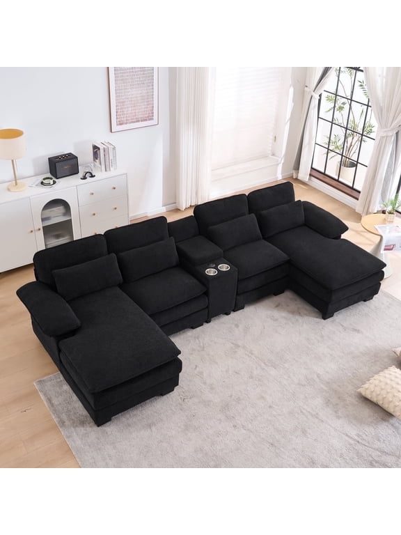 133" Upgraded U-Shaped Cloud Sectional Sofa, Extra Deep & Wide Chenille Fabric Couch with Console & Cup Holders, Comfortable Seating