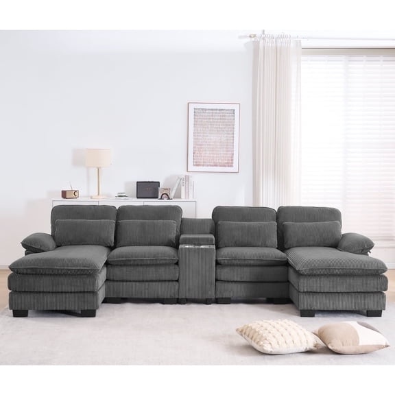 133" Upgraded U-Shaped Cloud Sectional Sofa, Extra Deep & Wide Corduroy Fabric Couch with Console & Cup Holders, Comfortable Seating