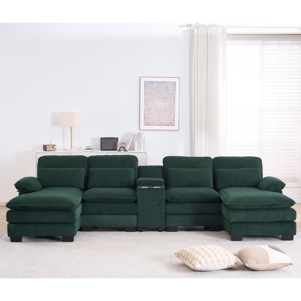 124" U-Shaped Modern Sectional Sofa w/ Console, Cup Holders & Pillows,  Comfortable Seating, Boneless Couch for living room