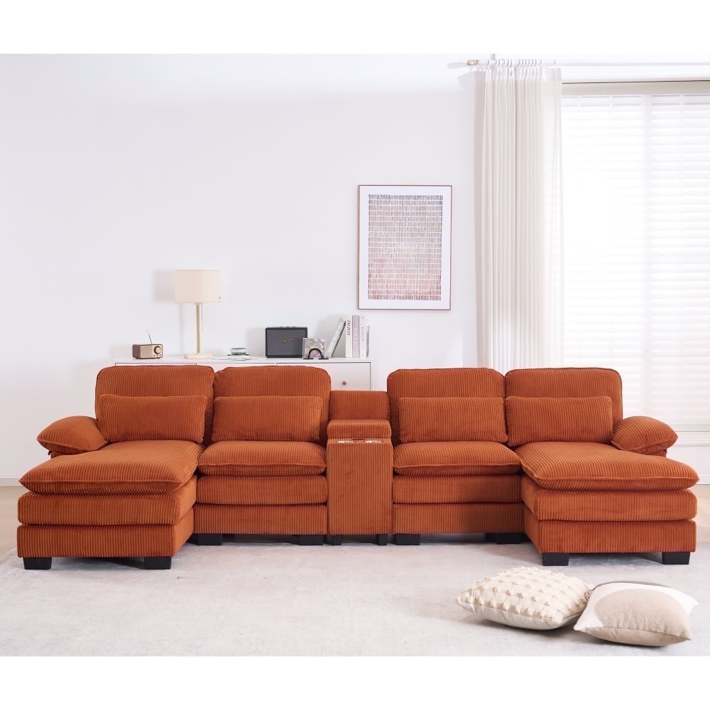 124" U-Shaped Modern Sectional Sofa w/ Console, Cup Holders & Pillows,  Comfortable Seating
