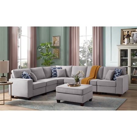124" W Reversible Modular Fabric Sectional Set with Ottoman in Light Gray