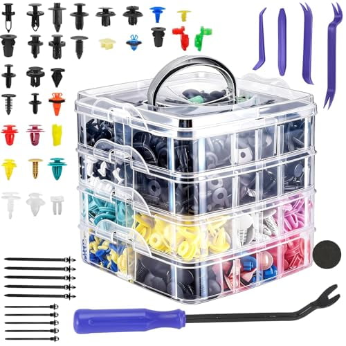 1240PCS Auto Retainer Clips Kit with Trim Removal Tools and 3-Layer Organizer Box, 32 Sizes Push Rivets Fasteners for Car Bumper, Fender, Door Panel and Interior Repair