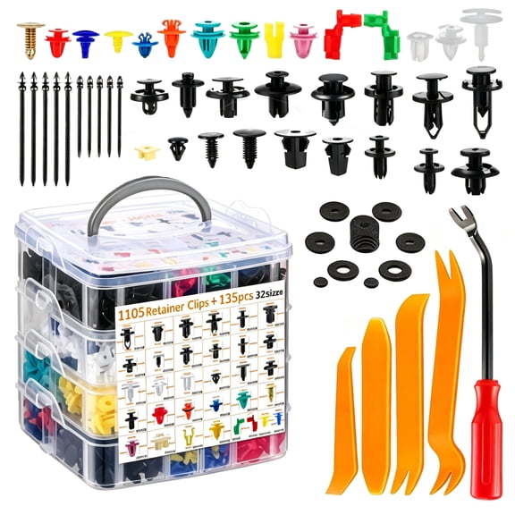1240PCS Automotive Clip Set - 32 Universal Size Nylon Bumper Rivets, Fender Clips, Door Panel Retainers & Plastic Fasteners,Compatible with Toyota, Ford & Mos