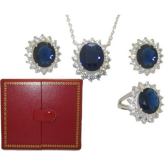 12456SAPSETS Princess Kate Wholesale Set Sapphire & Simulated Diamond, 3 Pieces Boxed
