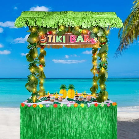 124PCS Tiki Bar Hut Kit, Portable Outdoor Tiki Bar Decor with Grass Table Skirt, Tablecloth, Flower Garland, and LED Lights for Hawaiian Luau Tropical Aloha Theme Party Decoration