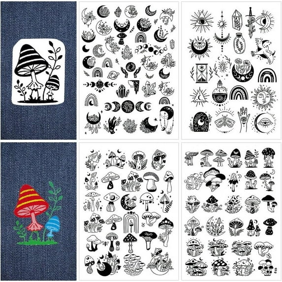 124Pcs 4 Style Tarot Moon Mushroom Water Soluble Embroidery Stabilizers Hand Sewing Stick and Stitch Transfers Paper Wash Away Pre-Printed Self Adhesive Patterns for Bags Cloth Sewing Lovers Colorful