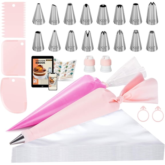 124Pcs Icing Piping Bags and Tips Set, Cake Decorating Kit with 100 Anti Burst Piping Bags 12 Inch, 16 Icing Tips, Reusable Pastry Bag, 3 Scrapers, 2 Couplers, 2 Bag Ties (Pink)