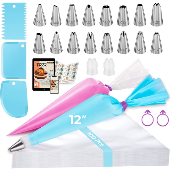 124Pcs Icing Piping Bags and Tips Set, Cake Decorating Kit with 100 Anti Burst Piping Bags 12 Inch, 16 Icing Tips, Reusable Pastry Bag, 3 Scrapers, 2 Couplers, 2 Bag Ties (Blue)