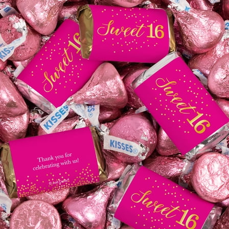 124ct Pink Sweet 16 Chocolate Candy Mix – Assorted Wrapped Miniatures & Pink Foiled Kisses