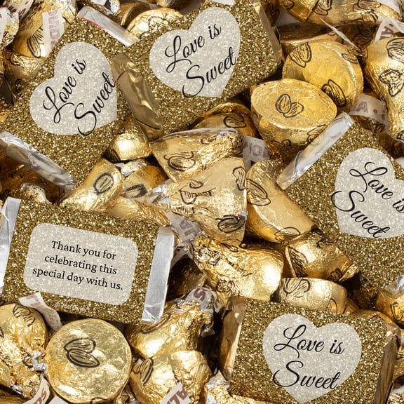 124ct Wedding Gold Chocolate Candy Assortment - Wrapped Miniatures & Gold Kisses - Glitter Heart
