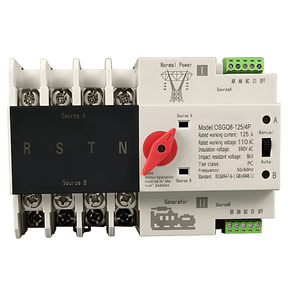 125 Amp 4P Dual Power Automatic Transfer Switch, 110V Millisecond Switching Generator Transfer Switch, LED Indicator, DIN Rail Mountable, Metal Plastic Build
