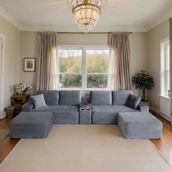 150" Cloud Boneless Sofa Couch with Cup Holder & Storage, Modern Corduroy U Shaped Modular Sectional Sofa with Deep Seat & Ottoman, USB Ports, No Assembly Required, Comfy Couches for Living Room