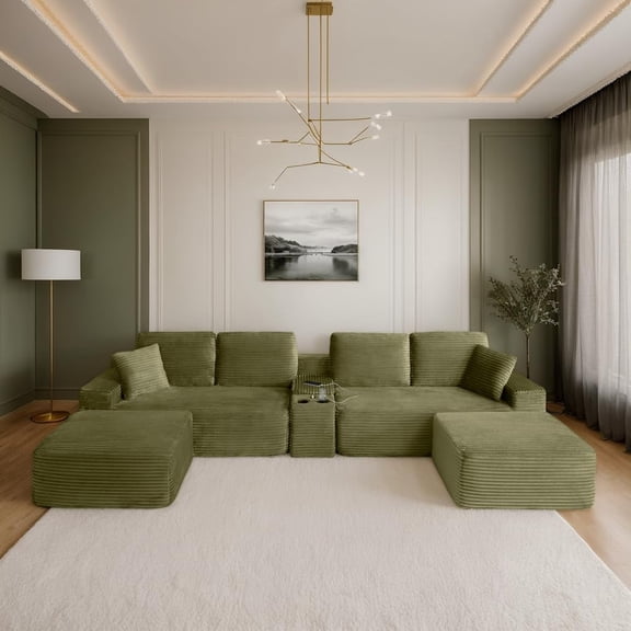 150" Cloud Boneless Sofa Couch with Cup Holder & Storage, Modern Corduroy U Shaped Modular Sectional Sofa with Deep Seat & Ottoman, USB Ports, No Assembly Required, Comfy Couches for Living Room