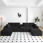 Vanress 125" Modular Sectional Sofa for Living Room, Modern Corduroy Boneless Couch, Cloud Couch Sectional with 2 Ottoman, U Shaped Deep Seat Couch with USB Ports & Storage, No Assembly, Black