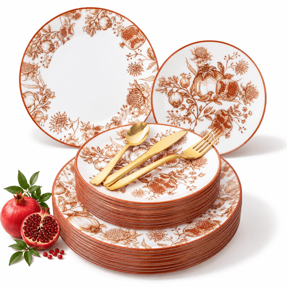 125 Count Pomegranate Design Fall Thanksgiving Plastic Plates and Utensil Set