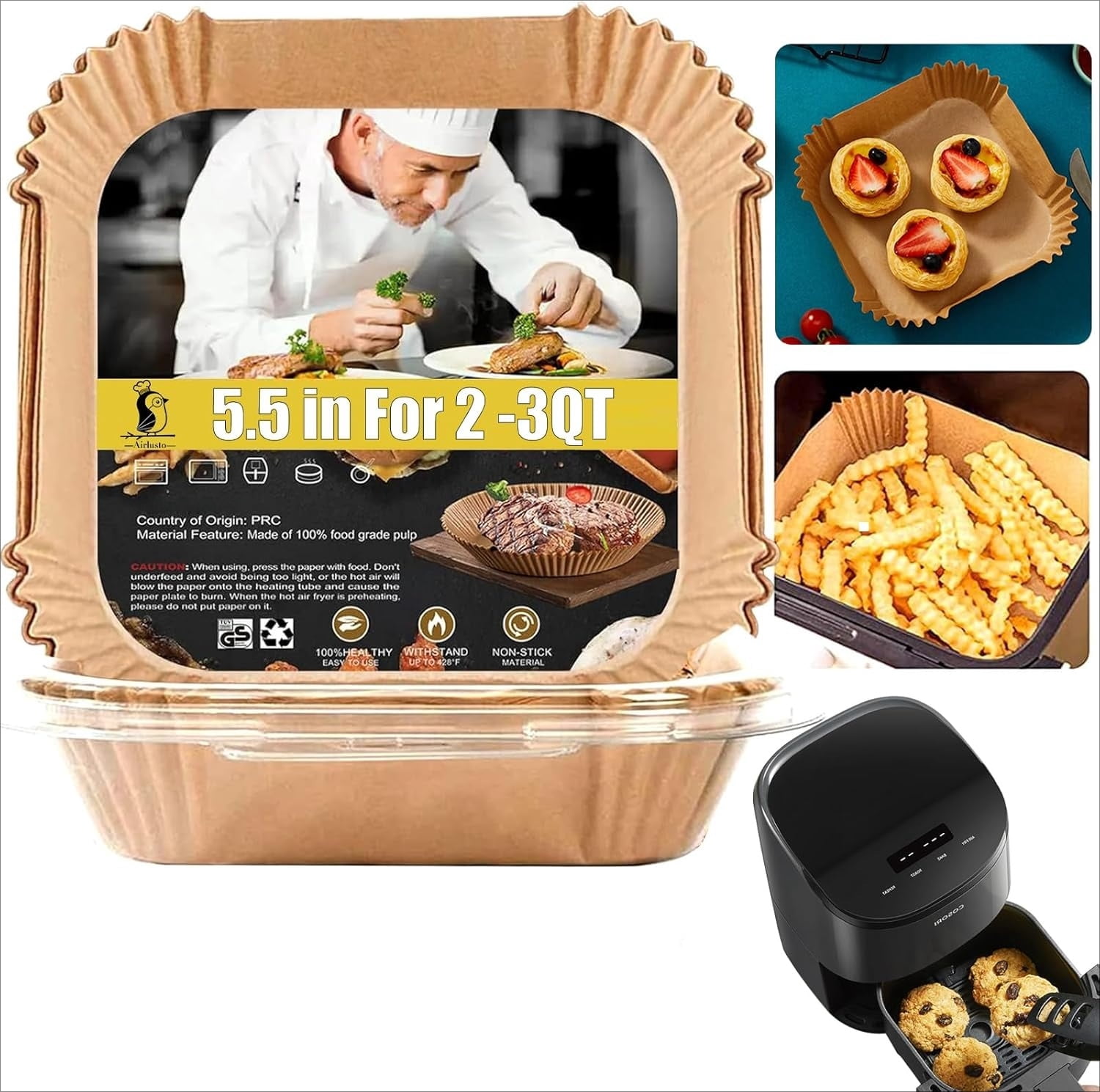 125-Count Square Air Fryer Paper Liners - 9 Inch Large Size, Non-Stick, Unbleached, for 5-8 QT Air Fryers, Baking, Frying