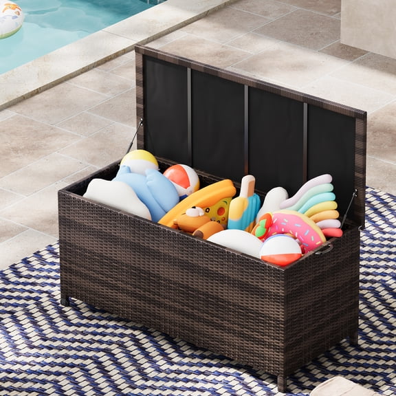 125 Gallon Large Outdoor Storage Box with Wheels and Handles – Waterproof PE Rattan Deck Chest – Spacious Weatherproof Bin for Garden, Balcony, Porch, Pool, or Yard