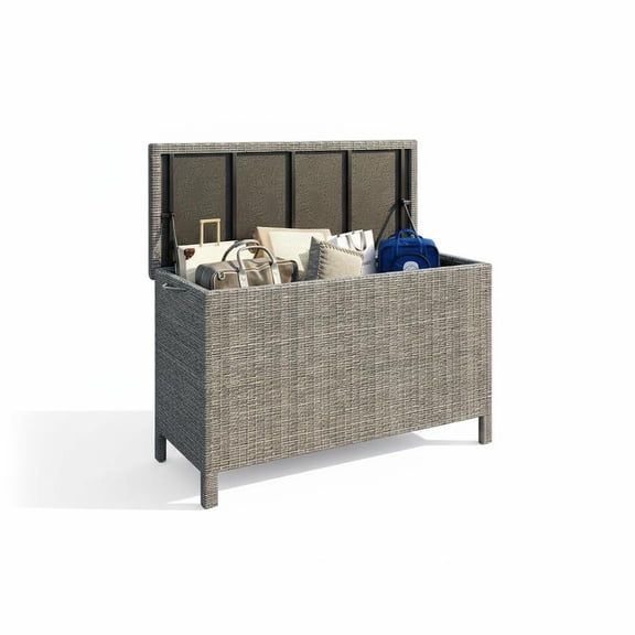 125 Gallon Outdoor Storage Box with Wheels – Waterproof PE Wicker Rattan & Aluminum/Steel Frame – Lockable Patio Deck Chest – Weather-Resistant for Cushions, Garden Tools, Pool Toys – Gray Rattan