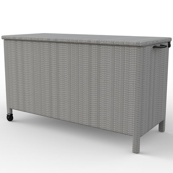 125 Gallon PE Rattan Outdoor Storage Box, Waterproof Wicker Storage Chest with Wheels and Handles, Multifunctional Storage Bin for Patio, Garden, Balcony & Porch