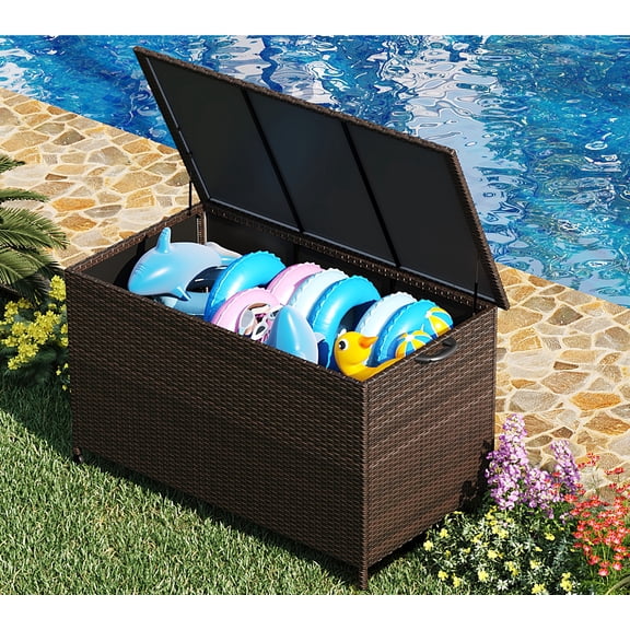 125 Gallon PE Rattan Outdoor Storage Box, Waterproof Wicker Storage Chest with Wheels and Handles, Multifunctional Storage Bin for Patio, Garden, Balcony & Porch