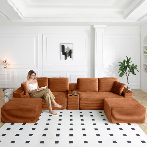 Vanress 125 Inch Oversized Modern Cloud Couch, Modular Sectional Sofa Couch for Living Room, U Shape Couches with 2 Ottomans, USB Ports and Cup Holders, Corduroy Boneless Sofas, Orange