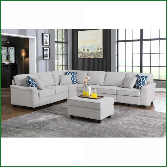 125” Light Gray Linen 7-Piece Modular L-Shape Sectional Sofa with Ottoman & Pillows | Light Gray | Linen | Modular