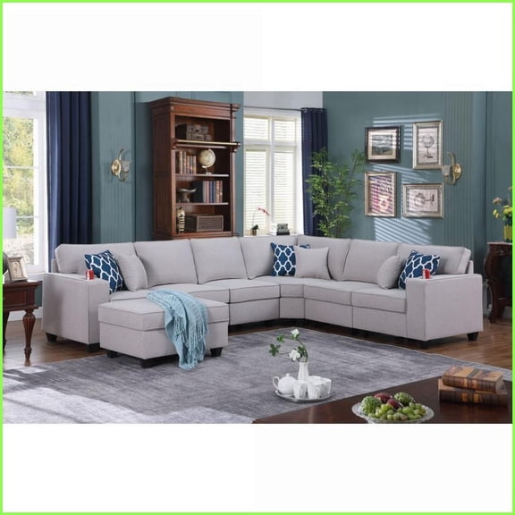 125” Modular Reversible L-Shape Sectional Sofa with Ottoman & Cupholder – Modern Light Gray Linen | Light Gray | Linen | Square Arms