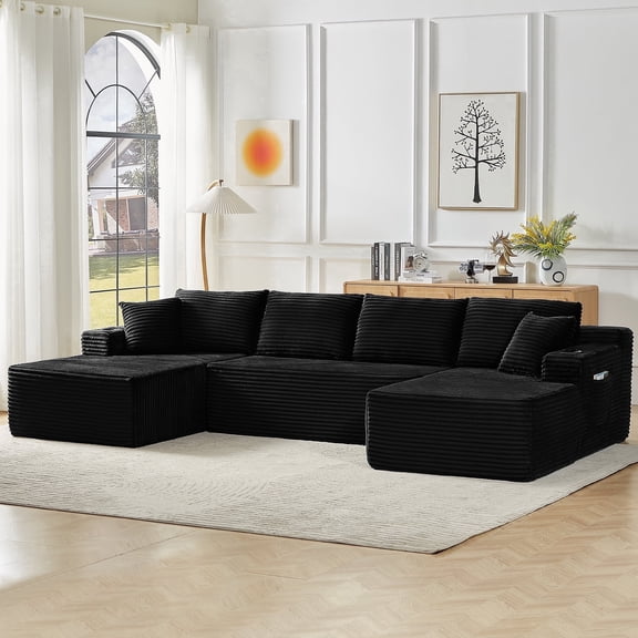 Vanress 125 Inch Modular Cloud Couch Sectional Sofa for Living Room, Modern Corduroy Boneless Couch, Upholstered Deep Seat U Shape Sofas Couches, No Assembly Required, Black