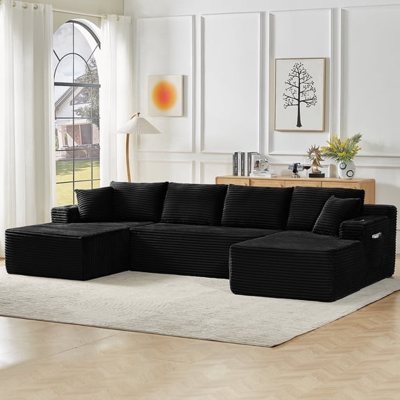 Vanress 125 Inch Modular Cloud Couch Sectional Sofa for Living Room, Modern Corduroy Boneless Couch, Upholstered Deep Seat U Shape Sofas Couches, No Assembly Required, Black