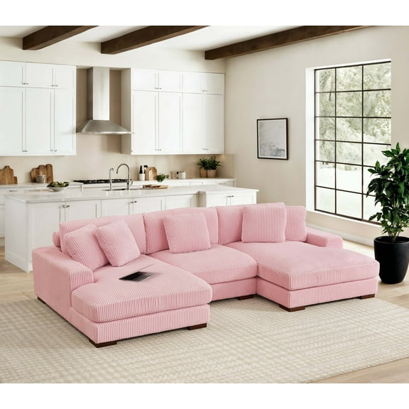 125'' Modular U-Shaped Sectional Sofa, Modern Corduroy Cloud Couch, Boneless Deep Seat 3-Seater, Plush Upholstered Lounge Sofa for Living Room Family Room, Two-Side Recline Design, Pink