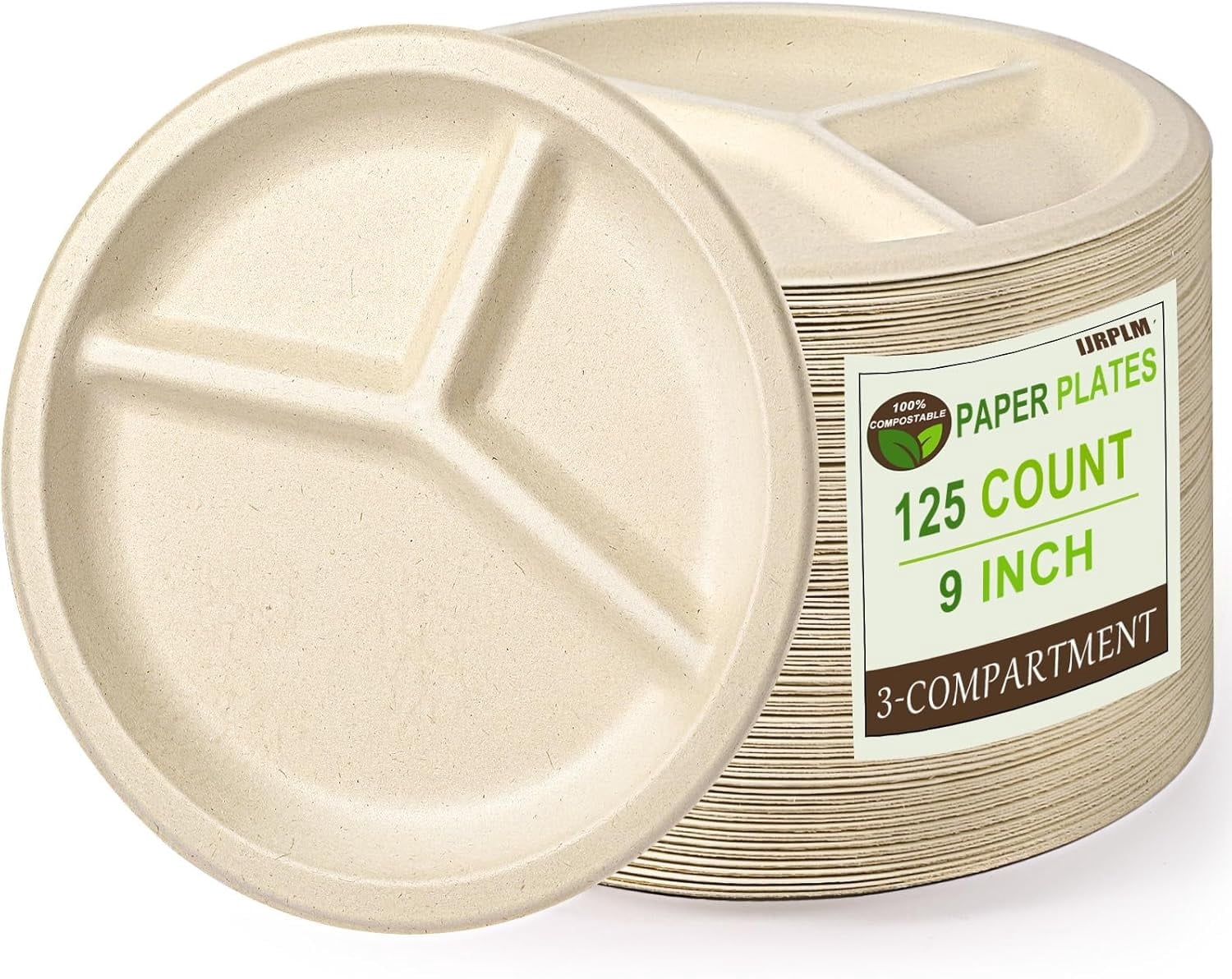 125 Pack 3 Compartment Paper Plates,Compostable Paper Plates,Disposable Paper Plates,9 Inch Heavy Duty Biodegradable Plates for Daily Meals,Food Grade Sugar Cane Fiber