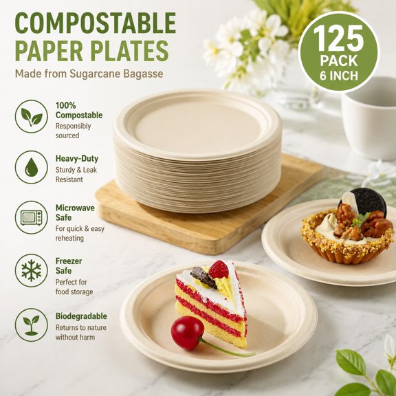 125 Pack 6 Inch Compostable Paper Plates, Heavy-Duty Disposable Bagasse Sugarcane Plates, Biodegradable Eco-Friendly Party Dinnerware