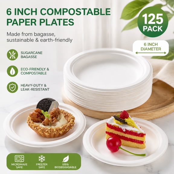 125 Pack 6 Inch Compostable Paper Plates, Heavy-Duty Disposable Biodegradable Eco-Friendly Sugarcane Bagasse Plates, Natural White