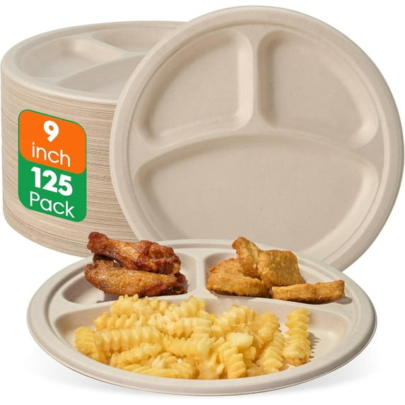 125 Pack Compostable 3 Compartment Plates, 8.85 Inch Heavy-Duty ...