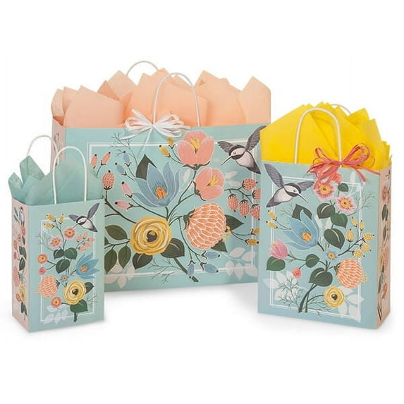 125 Pack, Hummingbird Floral Paper Shopping Bag Assortment 50 Rose (5-1/4" x 3-1/2" x 8-1/2"), 50 Cub (8-1/4" x 4-3/4" x 10-1/2") and 25 Vogue (16" x 6" x 12-1/2"), Made in USA