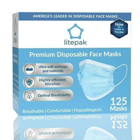 125-Pack Litepak Disposable Face Mask Premium Comfort Earloops with Dispenser Box (Blue)