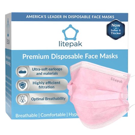 125-Pack Litepak Disposable Face Mask Premium Comfort Earloops with Dispenser Box (Pink)