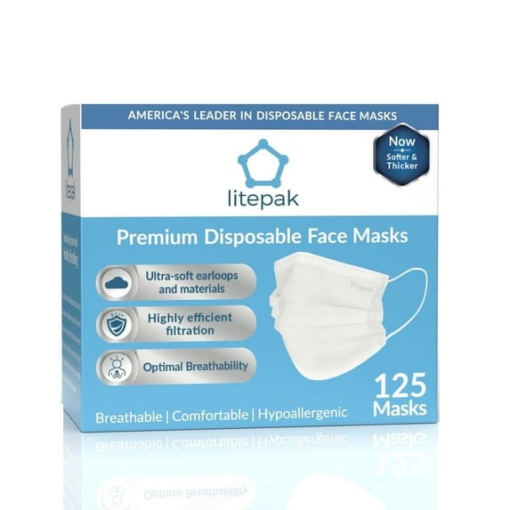 125-Pack Litepak Disposable Face Mask Premium Comfort Earloops with Dispenser Box (White)