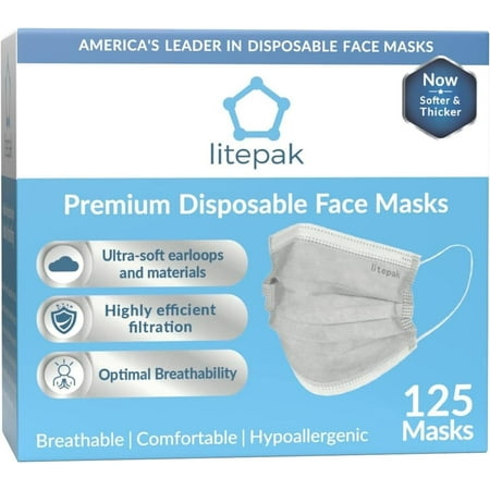 125-Pack Litepak Disposable Face Masks Comfort Earloops with Dispenser Box (Gray)