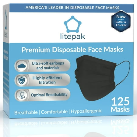 125-Pack Litepak Disposable Face Masks Premium Comfort Earloops with Dispenser Box (Black)