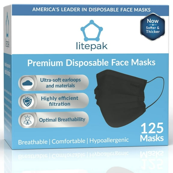 125-Pack Litepak Disposable Face Masks Premium Comfort Earloops with Dispenser Box (Black)